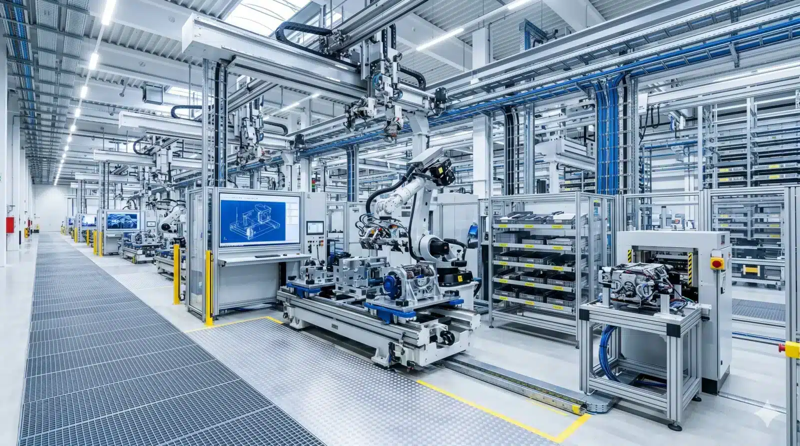 Automatisierte Montagelinie im Sonderanlagenbau mit einem Industrieroboterarm und einem CAD-Monitor. Im Vordergrund montiert ein Roboter Bauteile, rechts sind Teilelager mit sortierten Werkstücken zu sehen.
