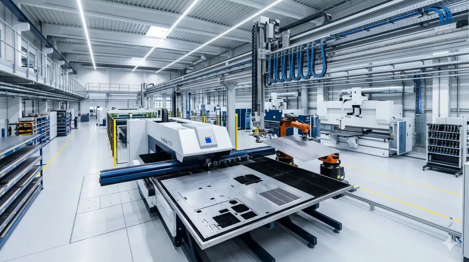 Moderne, weitläufige Fertigungshalle mit hellem Betonboden und gelben Sicherheitsstreifen. Im Vordergrund ist eine große CNC-Stanzmaschine vom Typ TruMatic 7000 von TRUMPF zu sehen, auf deren Arbeitstisch ein bearbeitetes Metallblech liegt. Ein orangefarbener Industrieroboterarm greift ein Blechzuschnitt und führt es automatisiert weiter. Im Hintergrund befinden sich weitere weiße CNC-Bearbeitungszentren sowie blaue Kabeltrassen an der Decke. Links sind Regale mit Werkzeug und Materialien aufgestellt. Die Halle wird durch LED-Lichtbänder hell ausgeleuchtet.