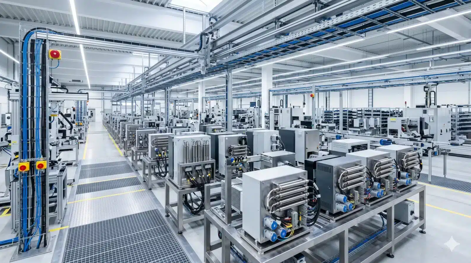 Moderne Heizungsanlage in einem Industriegebäude. Anwendungsfall für Heiztechnik zeigt eine professionell installierte Warmwasserheizanlage mit Rohrleitungen und Armaturen in einem technischen Raum.