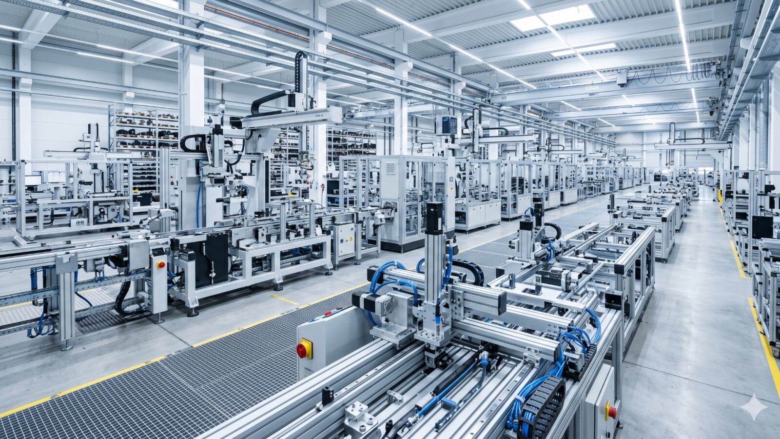 Anwendungsfall Maschinenbau 1: Automatisierte Montage- oder Fertigungsanlage im Maschinenbau. Das Bild zeigt eine moderne Produktionsstätte mit CNC-Maschinen und Robotiksystemen.